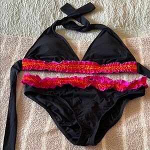 Bleu Rod Beattie Black Bikini set with Pink and Orange Ruffles